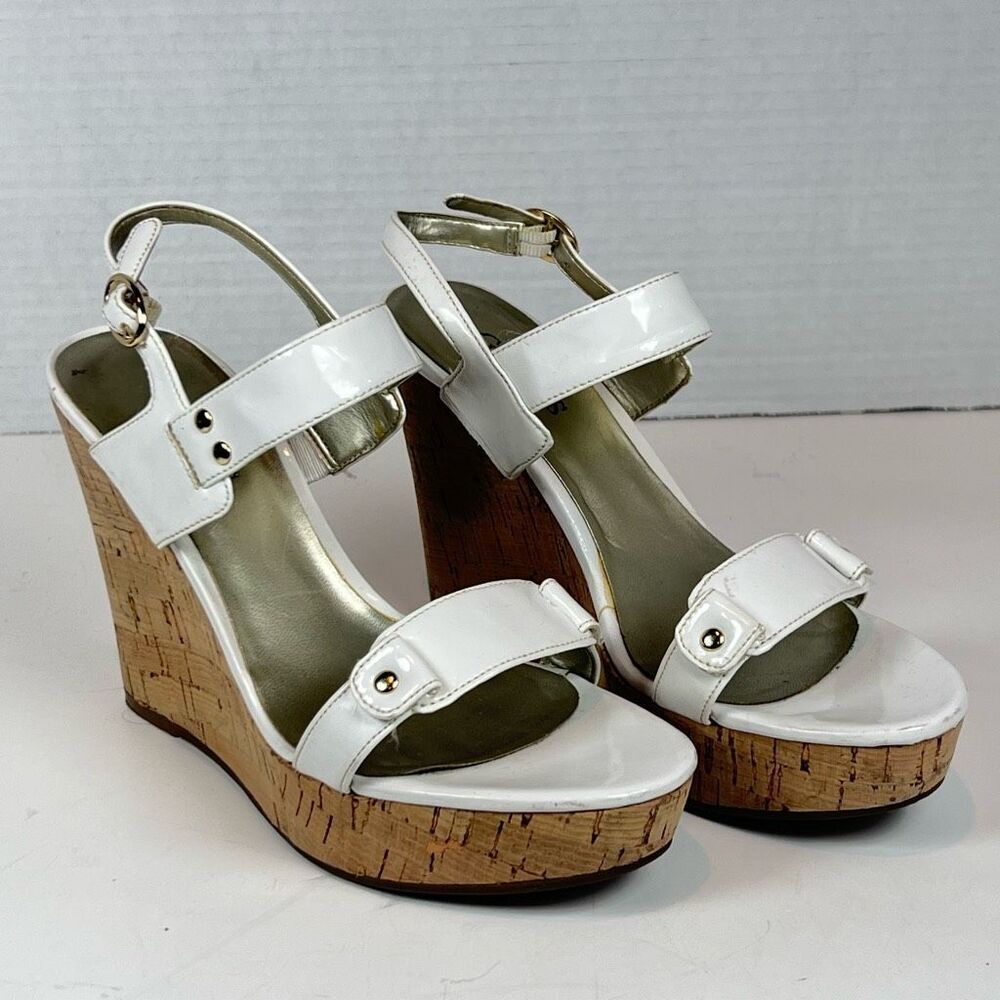 Vintage Guess Wedge Strappy Sandals White Patent Leather Size 6 Y2K